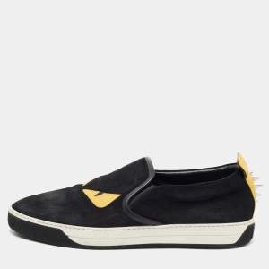 Pre Owned Fendi Black Suede Monster Eye Slip On Sneakers Size 45