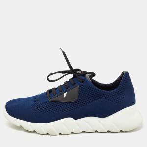 Pre Owned Fendi Blue Knit Fabric Low Top Sneakers Size 41