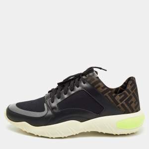 Fendi Black/Brown Leather and Zucca Canvas Low Top Sneakers Size 44