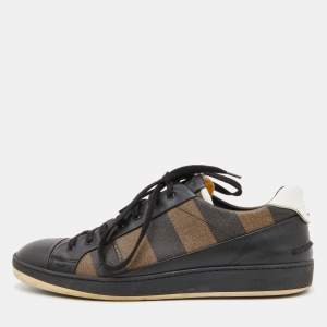 Fendi Brown/Black Striped Canvas and Leather Low Top Sneakers Size 43