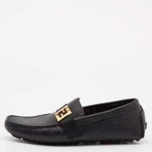 Fendi Black Leather FF Logo Slip On Loafers Size 40