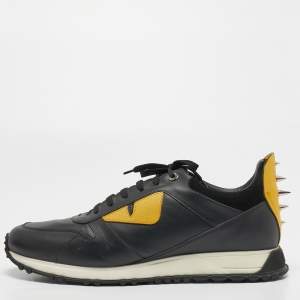 Pre Owned Fendi Black/Yellow Leather Monster Eyes Studded Low Top Sneakers Size 45