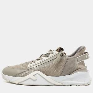 Fendi Grey Leather and Zucca Canvas Flow Sneakers Size 45