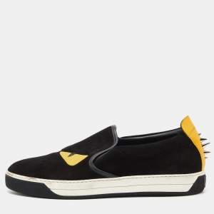 Fendi Black/Yellow Suede and Leather Monster Eyes Slip On Sneakers Size 44