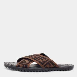 Fendi Brown Zucca Canvas Crisscross Slide Sandals Size 42