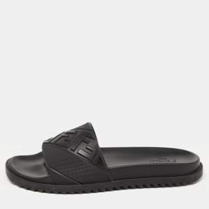 Fendi Black Rubber Embossed FF Logo Slides Size 46
