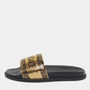 Fendi x Versace Gold Metal and Leather Flat Slides Size 40