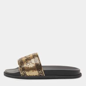 Fendi x Versace Gold Metal and Leather Flat Slides Size 40