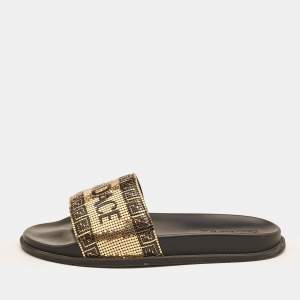 Fendi x Versace Gold Metal and Leather Flat Slides Size 44