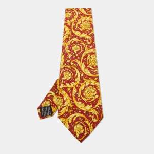 Gianni Versace Vintage Red/Yellow Barocco Print Silk Traditional Tie