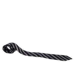 Pre Owned Giorgio Armani Black Silk Contrast Diagonal Striped Classic Tie