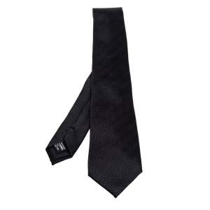 Pre Owned Giorgio Armani Black Chevron Jacquard Silk Tie