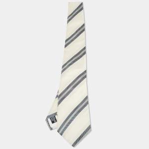Pre Owned Giorgio Armani Cream Diagonal Striped Silk Tie