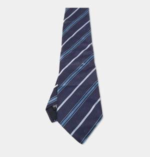 Pre Owned Giorgio Armani Navy Blue Striped Silk Traditional Tie