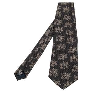 Giorgio Armani Black Floral Print Textured Silk Blend Traditional Tie