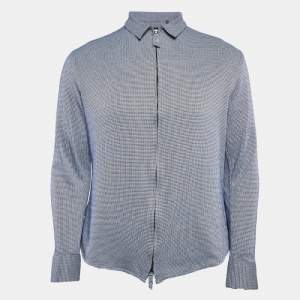 Giorgio Armani Blue Patterned Cotton Blend Knit Zip-Up Shirt M