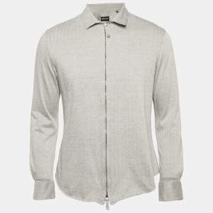 Giorgio Armani Grey Herringbone Cotton Blend Zip-Up Shirt M