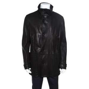 Pre Owned Giorgio Armani Black Lambskin Leather High Neck Jacket XL