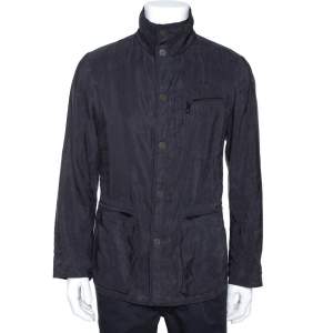 Giorgio Armani Slate Grey Linen Cotton Zip Front Overcoat S