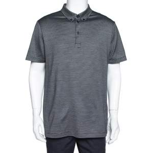 Giorgio Armani Black Silk & Cotton Stripe Pattern Knit Polo T-Shirt 3XL