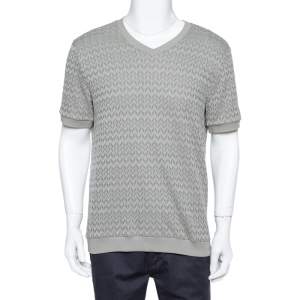 Giorgio Armani Grey Chevron Knit Short Sleeve Sweater 2XL