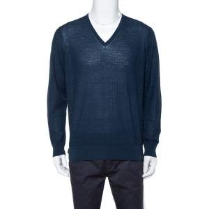 Giorgio Armani Navy Blue Jaquard Knit V-Neck Sweater XXL