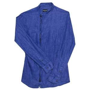 Pre Owned Giorgio Armani Blue Linen Stand Collar Zipper Front Shirt S