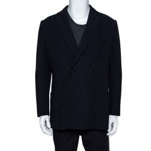 Pre Owned Giorgio Armani Navy Blue Textured Knit Double Breasted Blazer XXL