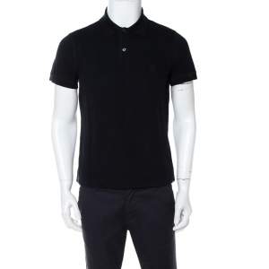 Pre Owned Giorgio Armani Black Cotton Pique Striped Polo T-Shirt L