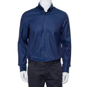 Pre Owned Giorgio Armani Navy Blue Patterned Silk Button Front Shirt L