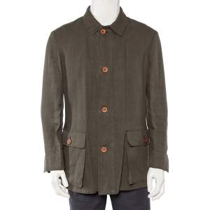 Pre Owned Giorgio Armani Olive Green Linen Button Front Blazer L