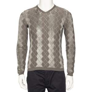 Giorgio Armani Grey Patterned Knit V-Neck Jumper L 