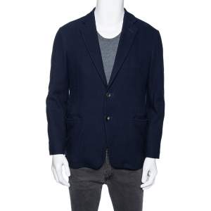 Pre Owned Giorgio Armani Navy Blue Waffle Knit Single Breasted Blazer L