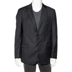 Pre Owned Giorgio Armani Charcoal Grey Striped Wool Single Breasted Soft Fit Blazer XL