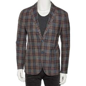 Pre Owned Giorgio Armani Grey Checkered Wool & Silk Single Breasted Blazer L