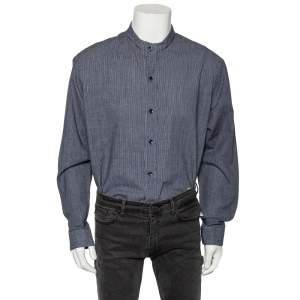 Giorgio Armani Navy Blue Striped Crinkled Cotton Button Front Shirt 3XL