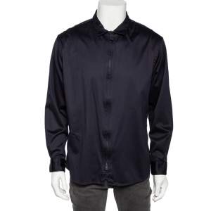 Giorgio Armani Navy Blue Stretch Cotton Zip Front Shirt 4XL