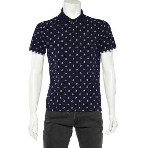 Pre Owned Giorgio Armani Navy Blue Allover Logo Printed Cotton Pique Polo T-Shirt XL