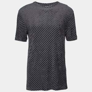 Giorgio Armani Grey Diagonal Stripe Textured Knit Short Sleeve T-Shirt 3XL