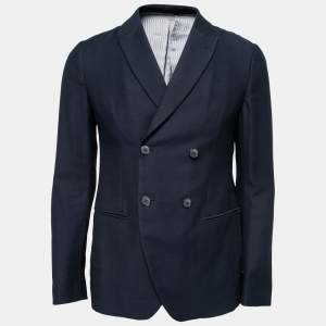 Pre Owned Giorgio Armani Navy Blue Textured Wool Ginza Blazer M