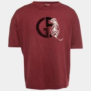 Giorgio Armani Burgundy Cotton Knit Logo Detail Round Neck T-Shirt XL