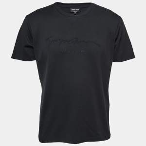 Pre Owned Giorgio Armani Black Cotton Signature Embroidered Crew Neck T Shirt S