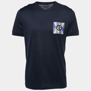 Giorgio Armani Navy Blue Cotton Logo Patch Detail T-Shirt 2XL
