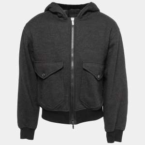 Giorgio Armani Grey/Black Wool Zip Front Hooded Jacket L