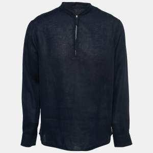 Giorgio Armani Navy Blue Linen Zip Front Full Sleeve Shirt M