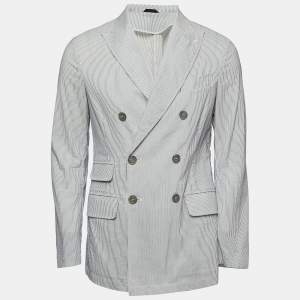 Giorgio Armani White Striped Cotton Blend Double Breasted Blazer M