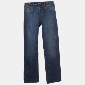 Giorgio Armani Blue Washed Denim Buttoned Straight Fit Jeans XS Waist 28"