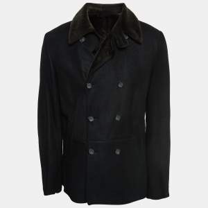 Giorgio Armani Black Leather Double Breasted Flight Jacket XL