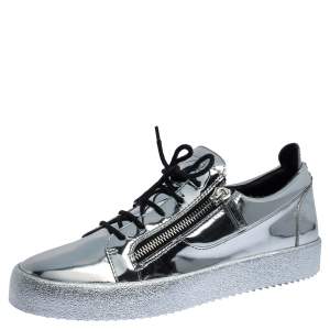 Giuseppe Zanotti Silver Patent Leather Double Zip Low Top Platform Sneakers Size 45