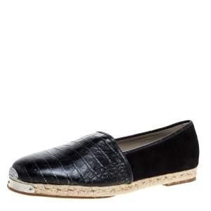 Giuseppe Zanotti Black Croc Embossed Leather and Suede Espadrille Flats Size 45